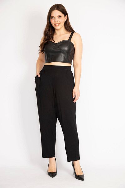 Şans Women's Black Large Size Baggy Cut Side Pocket Viscose Trousers 65n36216