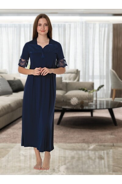 Pelin Kadın Lacivert Dantelli Lohusa Hamile Gecelik Sabahlık Takım