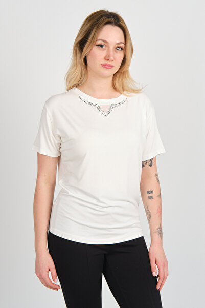 Sistas Women's Short Sleeve Blouse with Shiny Stone Decoration on the Collar 24281 Ecru