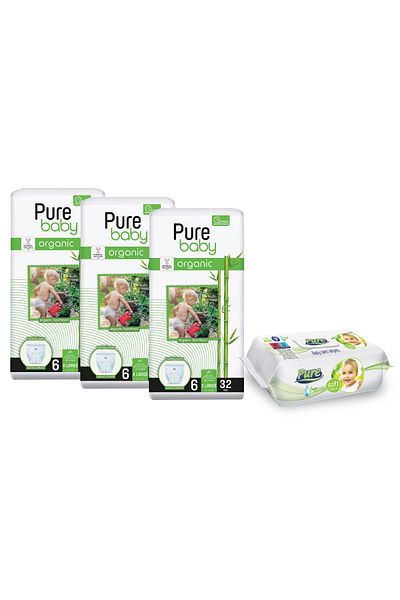 Pure Baby Set 3 scutece umede din bambus organic nr. 6, 96 buc., 1 șervețele umede, 120