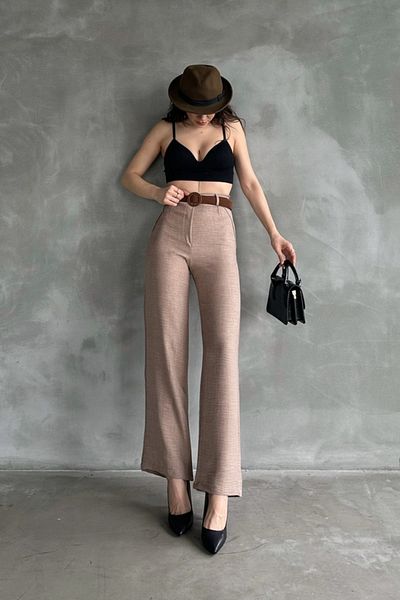 Fav Style Women's High Waist Belted Tube Leg Linen Trousers Beige