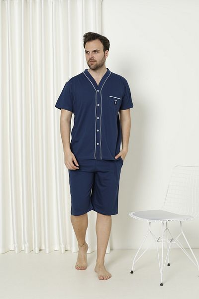 KAPİTEX Set de pijamale pentru bărbați, cu mâneci scurte, cu nasturi, Capri Indigo Color - Cadou de Ziua Tatălui