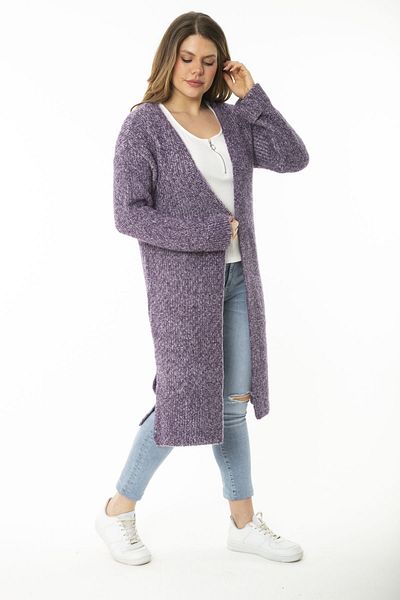 Şans Women's Large Size Purple Slit Thick Knitwear Long Cardigan 65N37166