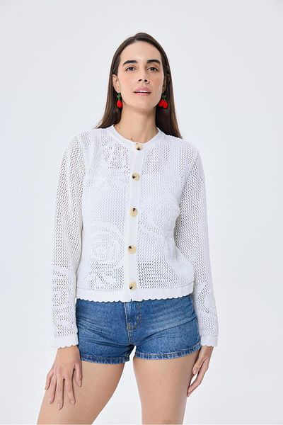 Peraluna Helena, Crochet Knit, Women's Summer Knitwear Cardigan - Cream