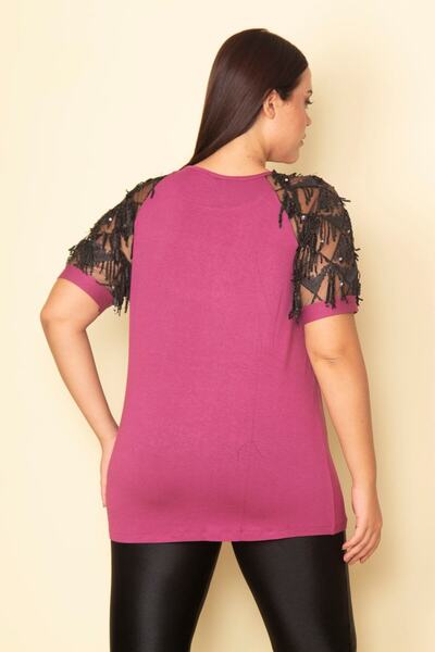 Şans Women's Large Size Dusty Rose Sleeves Tulle Sequin Detailed Blouse 65n28746