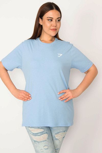 Şans Women's Large Size Blue Crew Neck Short Sleeve Basic Blouse 65n33279