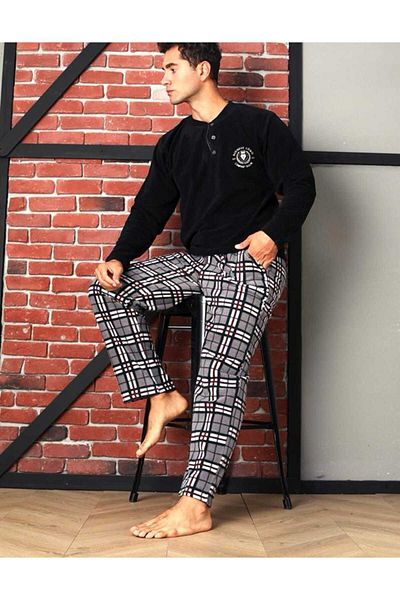 Intisimo Men's Winter Pajamas, Pockets, Polar Material, Quality Product, Black/Grey - 2XL