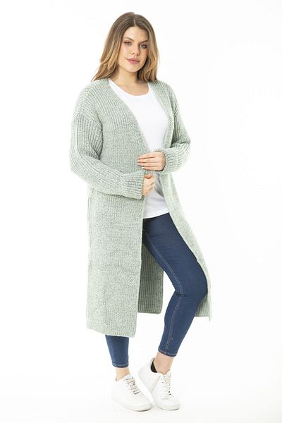 Şans Women's Large Size Green Slit Thick Knitwear Long Cardigan 65N37140