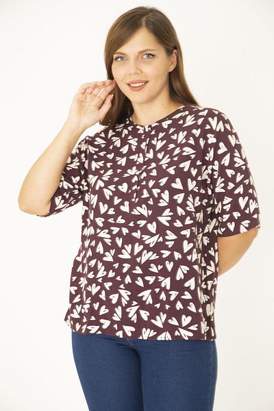Şans Women's Plum Woven Viscose Fabric Front Buttoned Short Sleeve Shirt 65N36992