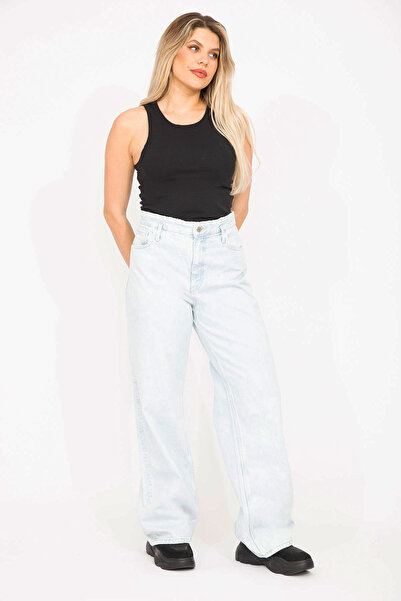 Şans Női nagy méretű kék mosás hatású szakadt, részletes, magas derekú farmernadrág 65N36779