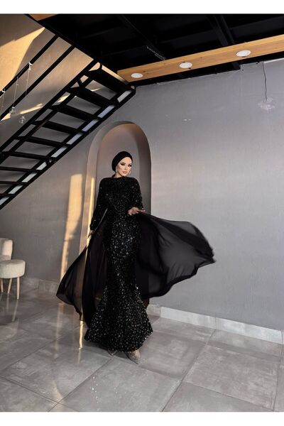 MERVEPLUME PLUME Siyah Payetli Pelerinli Tesettür Abiye Elbise Kadın Tül Akse...