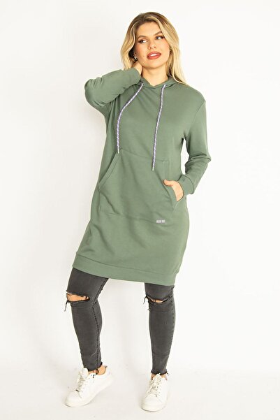 Şans Women's Large Size Green Hooded Kangaroo Pocket Long Sweatshirt 65n35070