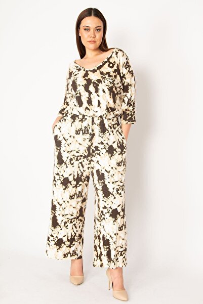 Şans Women's Large Size Brown Tie-Dye Patterned Wide-Leg Jumpsuit with Elasti...