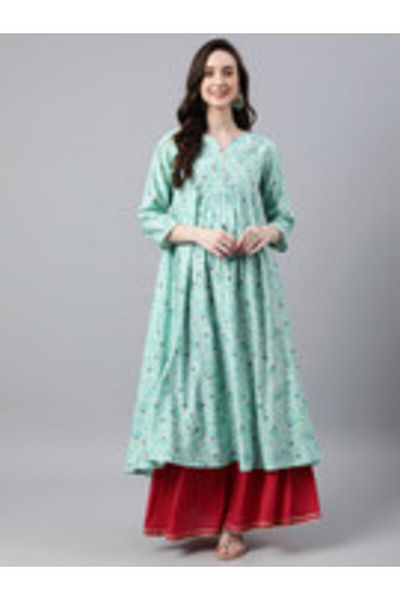 IndHeritage Premium cotton occasion / casual kurti - Turquoise printed kurti / kurta for women - IDH00091