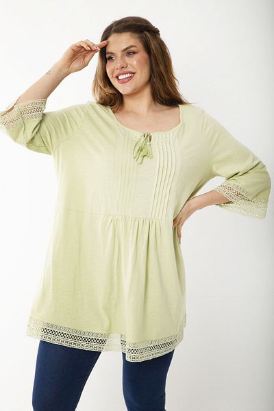 Şans Women's Large Size Green Ribbed Stitched Tunic with Lace Detail at Cuffs and Hem 65N36876