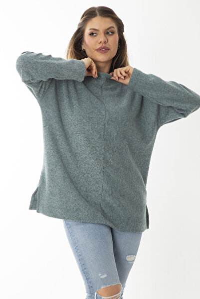 Şans Γυναικείο Μεγάλο Μέγεθος Πράσινο Μάλλινο Ύφασμα βισκόζης Πλήρωμα με σχισμή λαιμού 65N37019