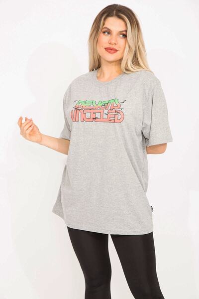 Şans Women's Large Size Gray Cotton Fabric Front Printed Blouse 65n35373