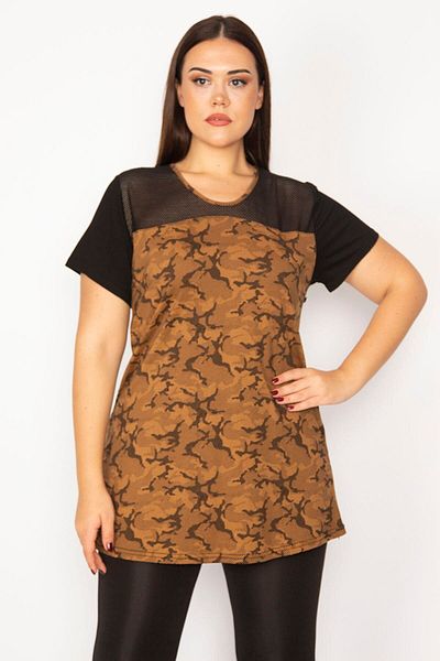 Şans Women's Large Size Brown Robe with Mesh Detail Blouse 65n29458