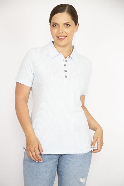 Şans Women's Blue Plus Size Polo Neck Front Placket Buttoned Camisole Fabric Short Sleeve Blouse 65n36547