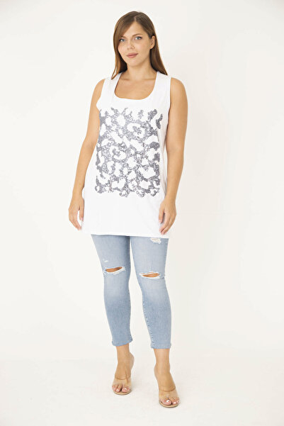 Şans Bluză albă fără mâneci lungi cu paiete de damă 65N36931