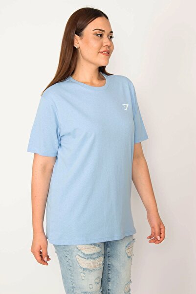 Şans Γυναικεία Μπλούζα Μεγάλου Μεγέθους Μπλε Πλήρης λαιμόκοψη κοντομάνικη βασική μπλούζα 65n33279