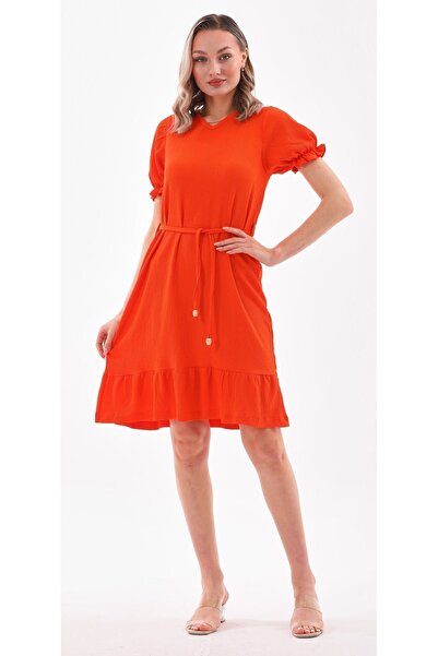 DEVRİMAY TEKSTİL Kadın Turuncu V Yaka Balon Kollu Bürümcük Yazlık Elbise