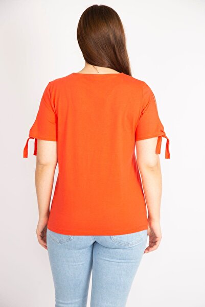 Şans Women's Pomegranate Large Size Cotton Fabric Sleeve Lace Up Blouse 65n36241