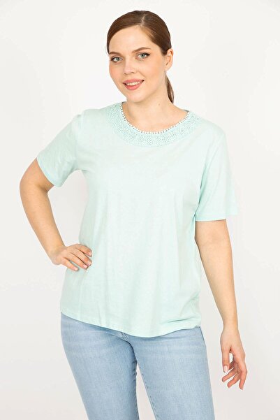 Şans Γυναικεία Πράσινη Μπλούζα μεγάλου μεγέθους από βαμβακερό ύφασμα δαντέλα με λεπτομέρειες 65n35923