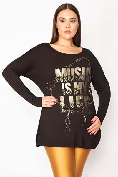 Şans Women's Large Size Black Lacquer Print and Stone Back Detailed Tunic with Gathered Sides 65n29489