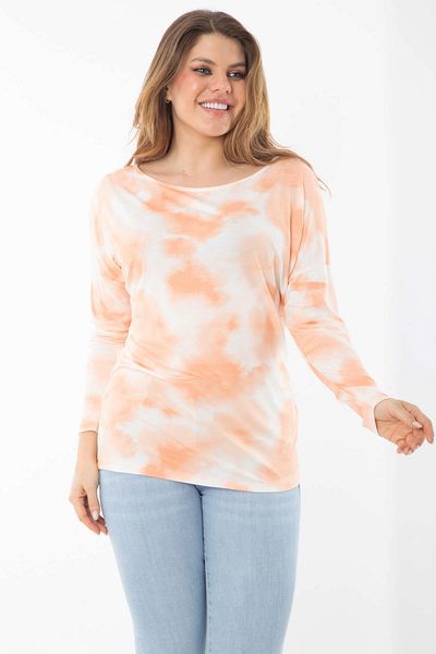 Şans Women's Plus Size Orange Tie-Dye Patterned Long Sleeve Blouse 65N37363
