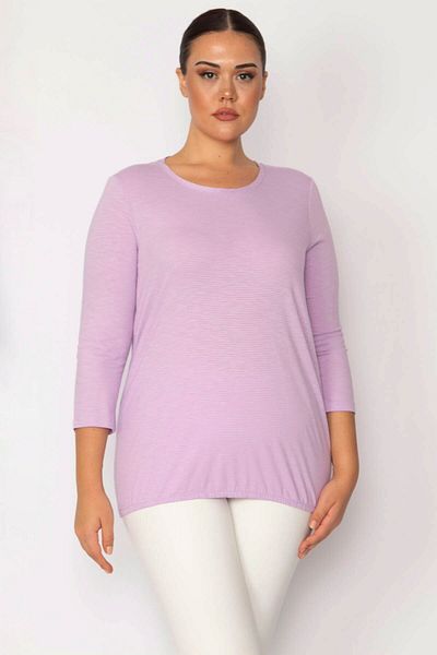 Şans Women's Large Size Lilac Crew Neck Slim Striped Capri Sleeve Blouse 65n29273