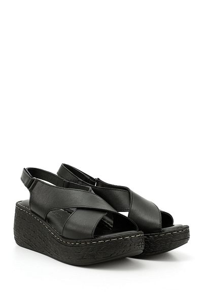 GÖNDERİ(R) Women / Girls Black Velcro Strap Wedge Sole Genuine Leather Sandals
