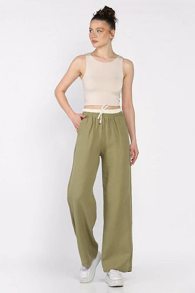 GÜLSELİ Khaki Women's Elastic Waist High Waist Palazzo Trousers
