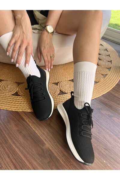 İnan Ayakkabı Kadın Siyah Triko Nefes Alabilen Kumaş Koku Terleme Yapmaz Sneakers 4 Cm Taban