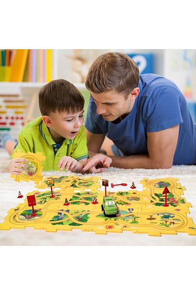 Pitikot Set 25 piese cu masinuta Pitikot®, traseu puzzle racer, jucarie interactiva cu desene dinozauri