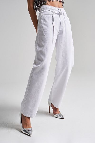 its basic Women's White Color 5S5-2 Tailored Fit Belted 100% Cotton Non-Exposed Denim Jean