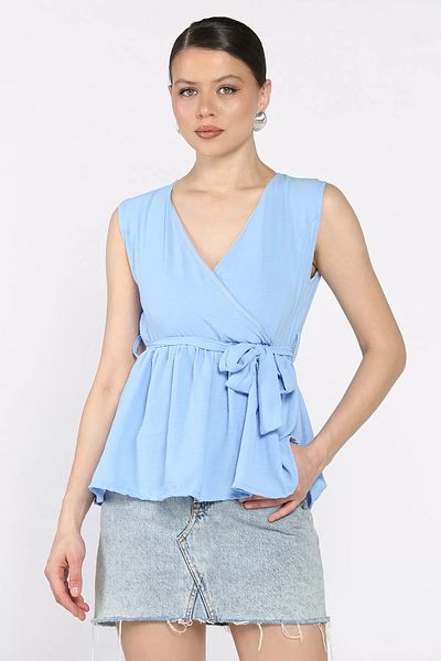 GÜLSELİ Blue Double Breasted Collar Waist Elastic Zero Sleeve Women's Blouse