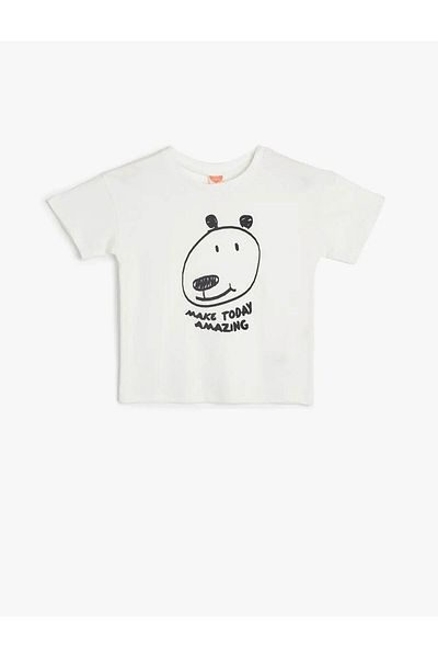 Koton Dog Printed Short Sleeve Ecru Baby Boy T-Shirt 5Smb10107Tk