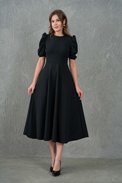 lovebox Balónový rukáv s kulatým výstřihem Pružná potápěčská krepová tkanina Midi délka Rozšířený střih Černé večerní šaty 092