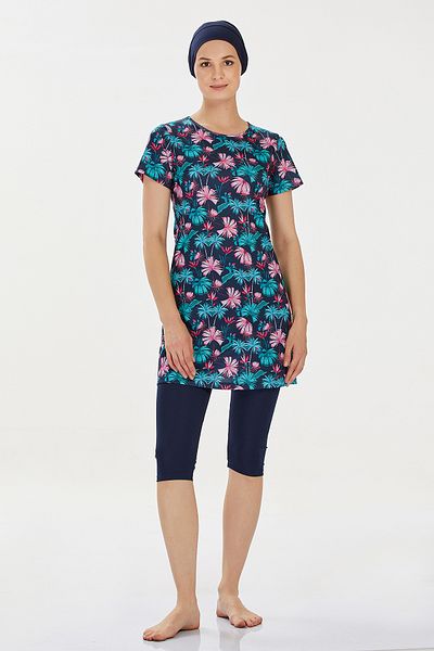 Bravie Women's Short Sleeve Pink Floral Patterned Half Hijab Swimsuit - 9300