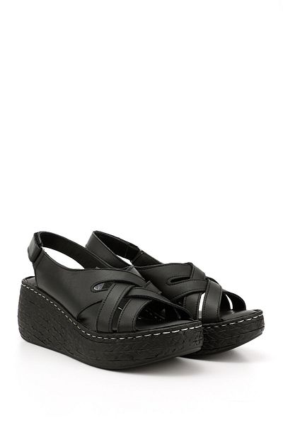 GÖNDERİ(R) Women / Girls Black Velcro Strap Genuine Leather Wedge Sandals
