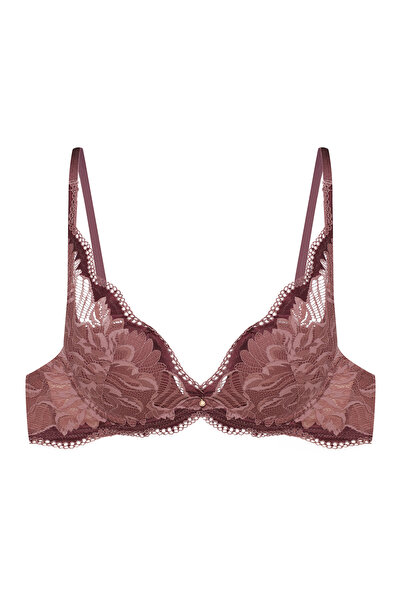 ESOTIQ Sutien push-up cu armătură, dantelă florală, pandantiv cu piatră prețioasă aurie, cu burete detașabil, elegant și sexy | Kavi