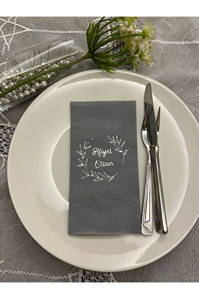 kidspartim Gümüş Yaldızlı Gri Afiyet Olsun Çiçekli Çelenk Garson Peçete 16 Adet