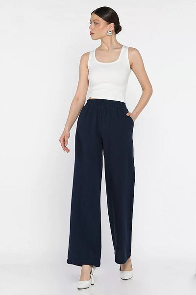GÜLSELİ Pantaloni largi pentru femei albastru bleumarin cu talie elastică