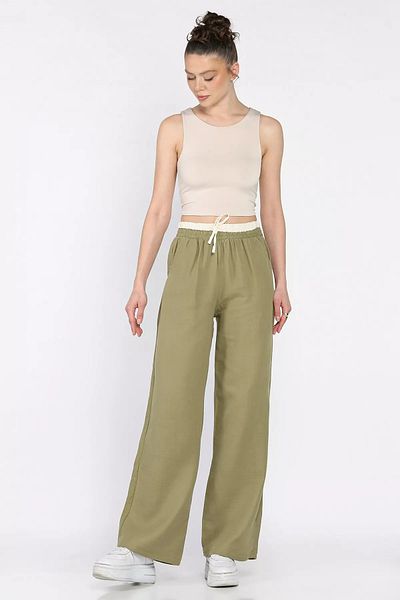GÜLSELİ Khaki Women's Elastic Waist High Waist Palazzo Trousers