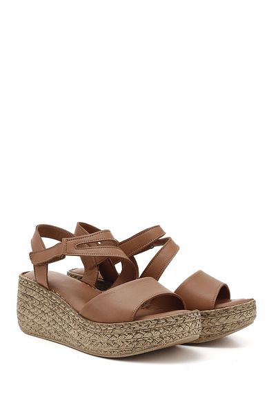 GÖNDERİ(R) Women / Girls Tan Antique Velcro Strap Wedge Sole Genuine Leather Sandals