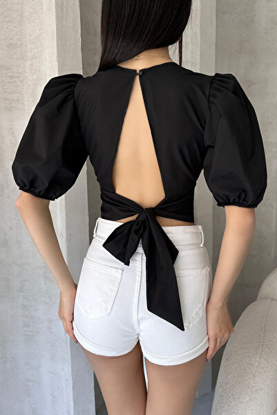 Fav Style Kadın Bisiklet Yaka Kısa Kollu Sırt Dekolteli Crop Poplin Bluz Siyah