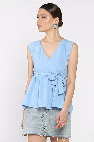 GÜLSELİ Blue Double Breasted Collar Waist Elastic Zero Sleeve Women's Blouse