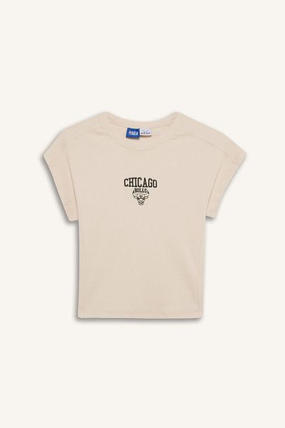 DeFacto E3829 Μπεζ DeFactoFit NBA Chicago Bulls Standard Fit Ποδηλατικός λαιμός Κέντημα Εκτύπωση Twill Checker