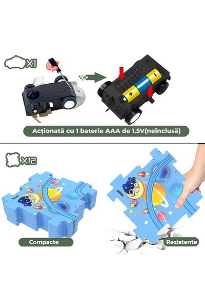 Pitikot Set 25 piese cu masinuta Pitikot®, traseu puzzle racer, jucarie interactiva cu desene din spatiu,